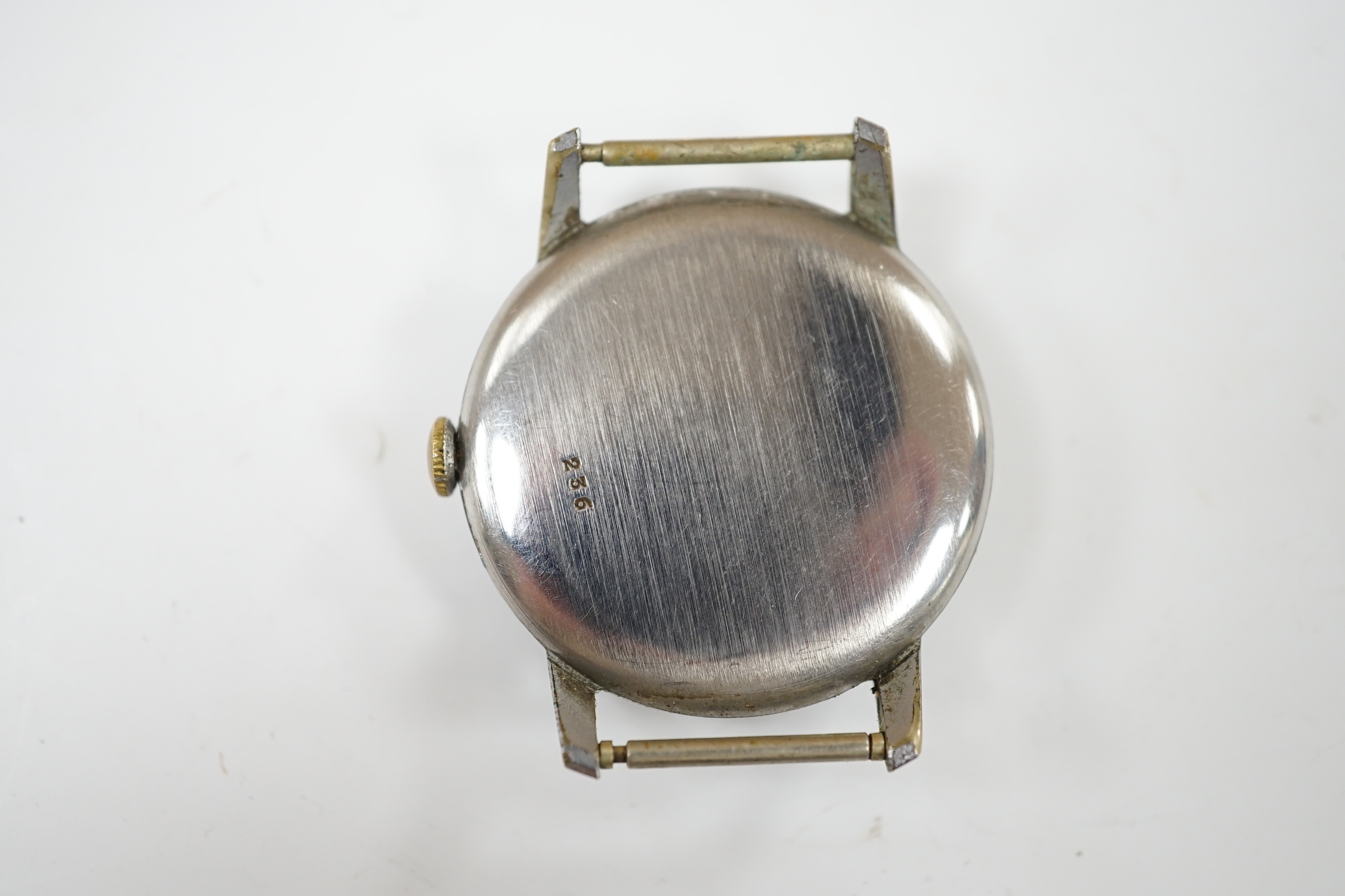 A gentleman's stainless steel Record calendar moonphase manual wind wrist watch, no strap, case diameter 35mm.